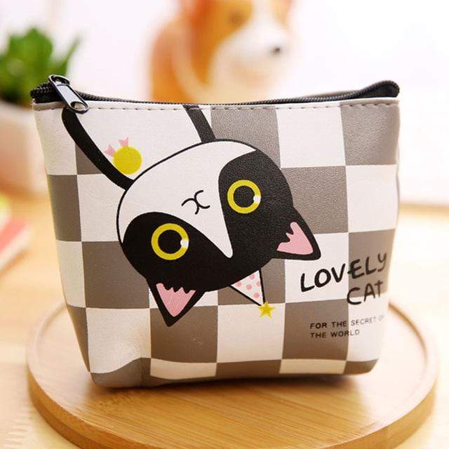 Porte-monnaie chat noir et blanc quadrillage gris